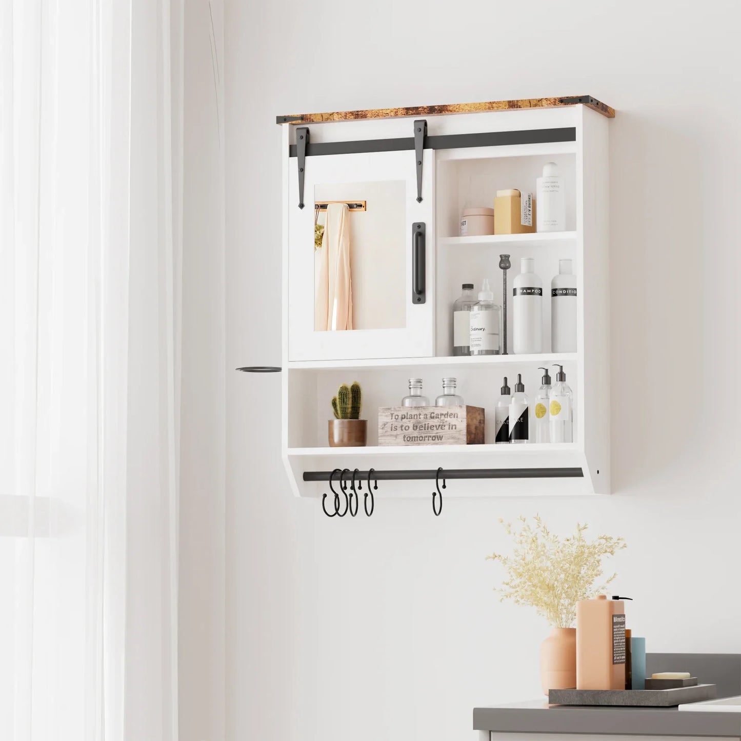 Cabinet Wall Mirror Cabinet With Adjustable Shelf And Hooks