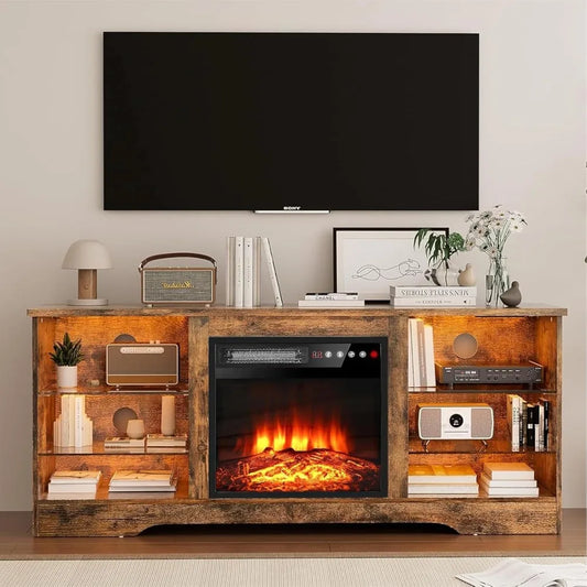 Electric Fireplace TV Stand With LED Lights And Shelves