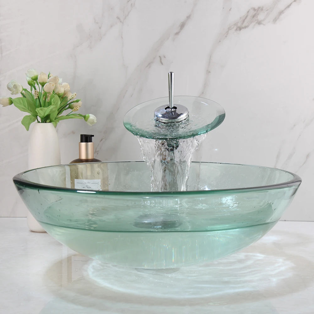 Torayvino ZAPPO Round Glass Vessel Sink And Faucet Combo