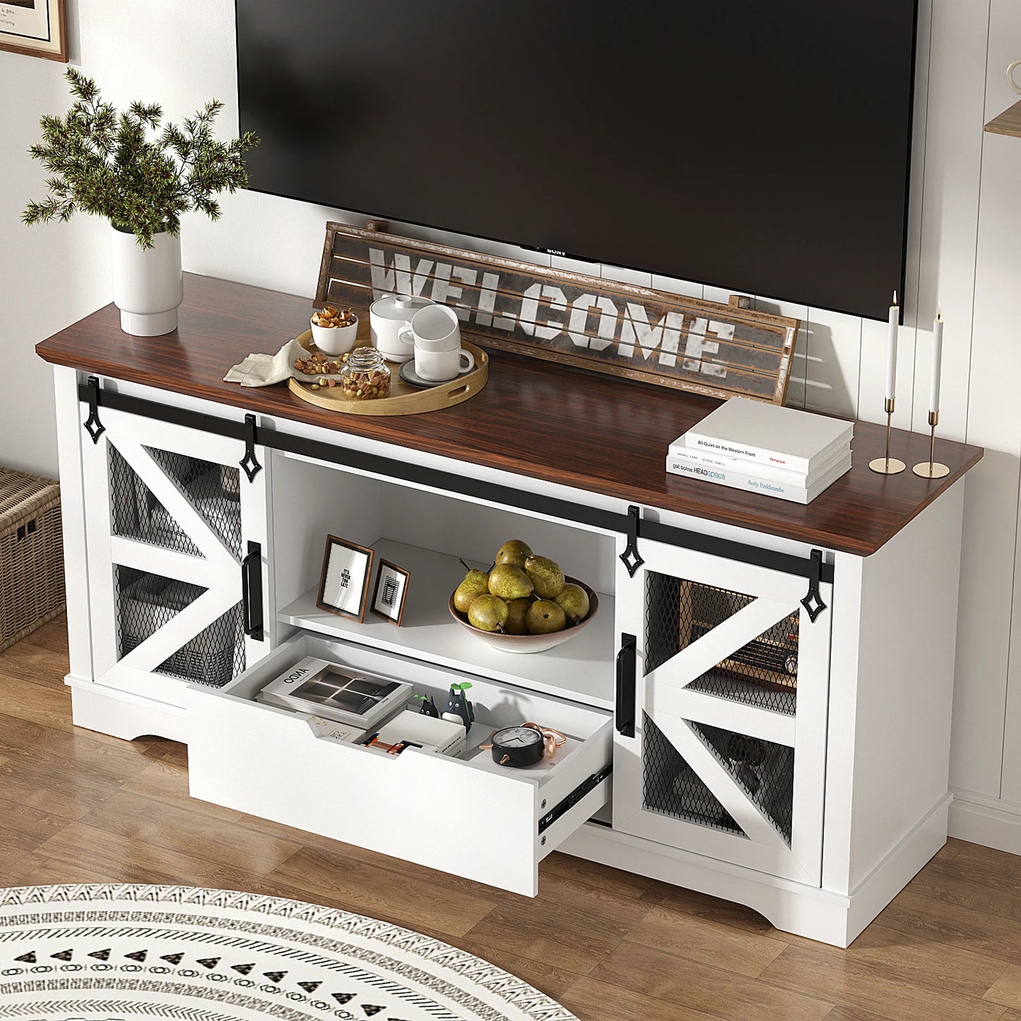 VOWNER Modern TV Stand With Drawer And Storage Cabinets